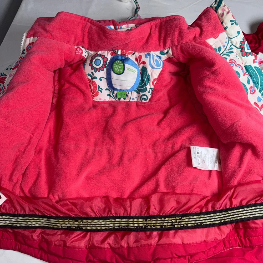 Gagou Tagou Girls 3T Snowsuit Set Floral Hooded Jacket and Red Bib Snow Pants
